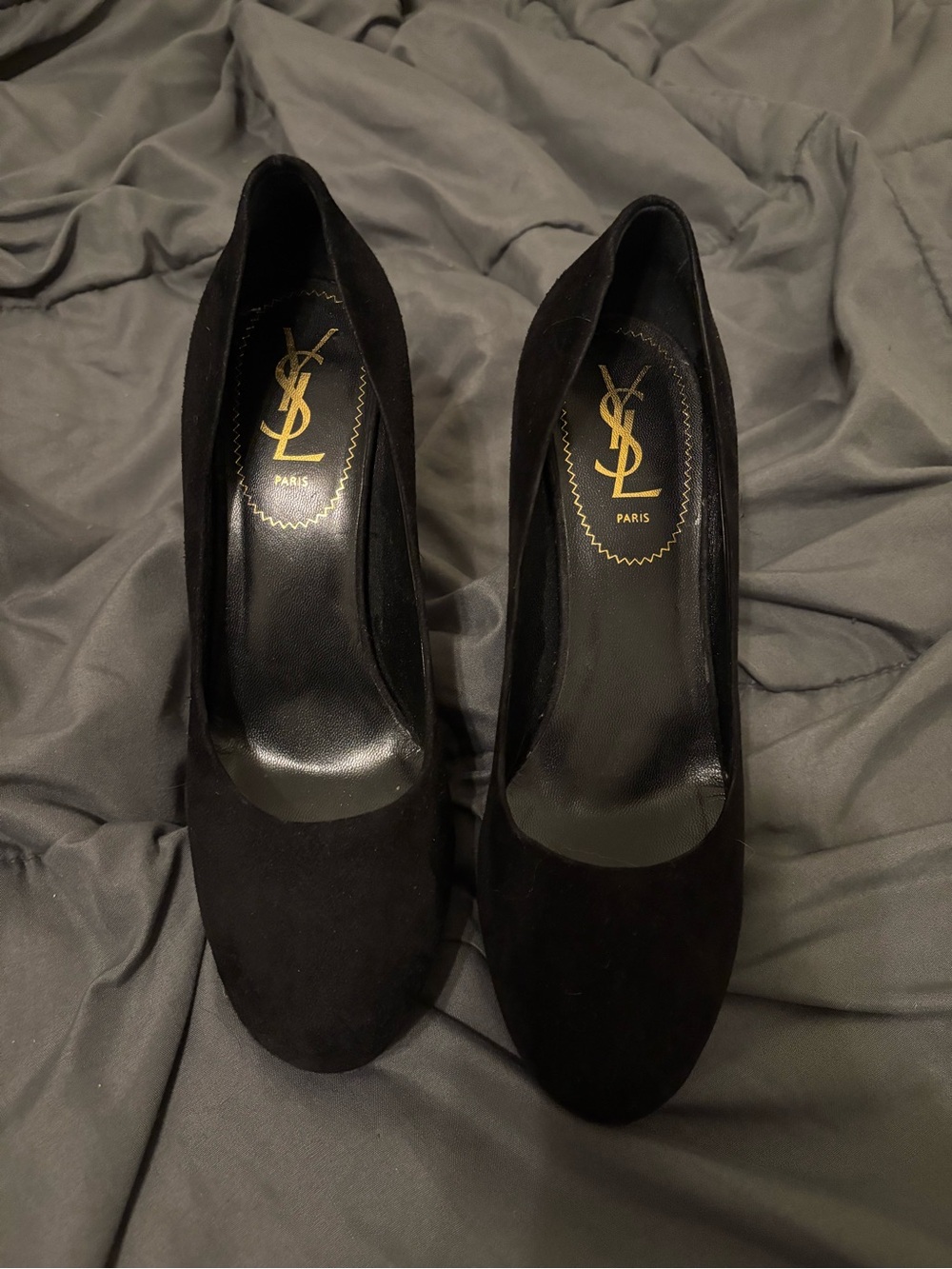 Saint Laurent Black Suede Round-Toe Pumps with Gold Logo Insole